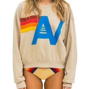 NWT Aviator Nation Crewneck Relaxed Sweatshirt Stitched Logo Sand Beige Unisex